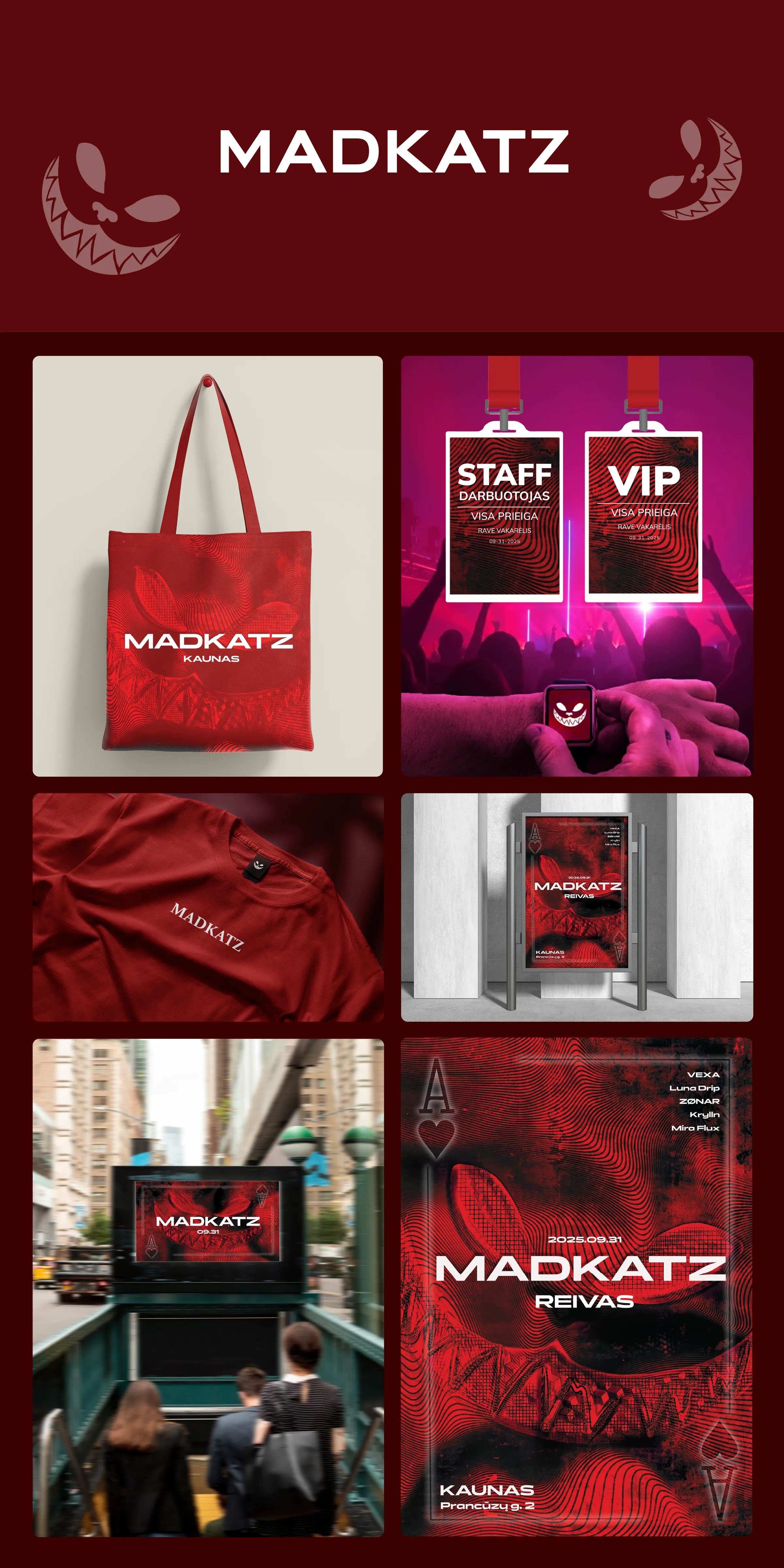 MADKATZ renginio vizualinis įvaizdis – plakatas, bilbordas, maišelis ir akreditacijos