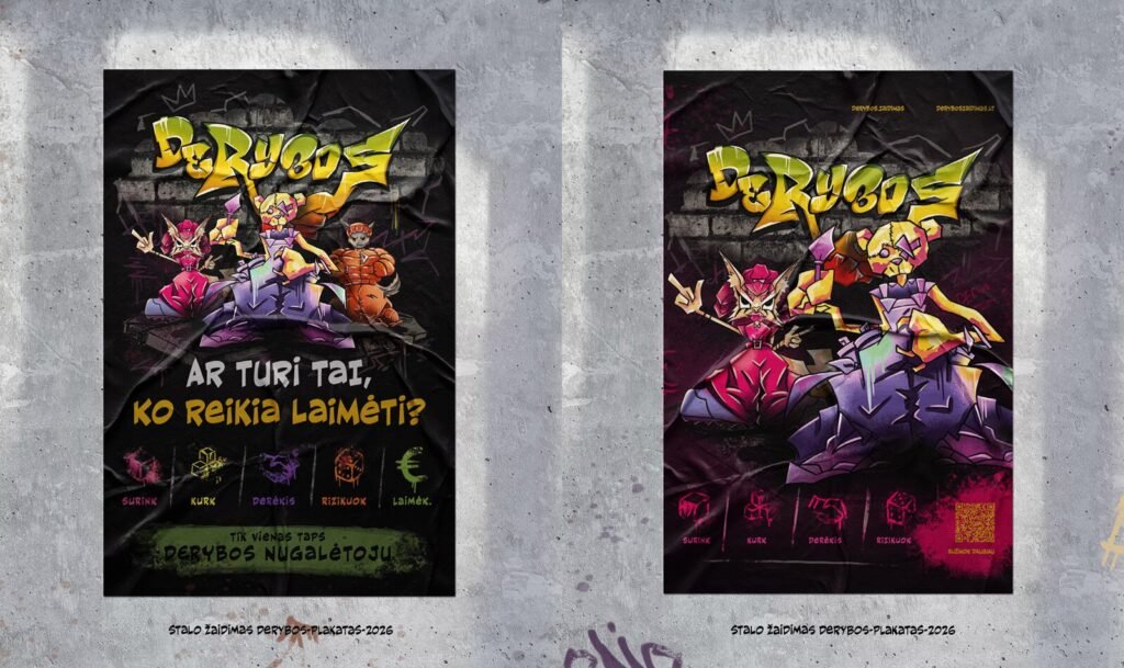 Stalo žaidimo Derybos plakatai su grafiti personažais