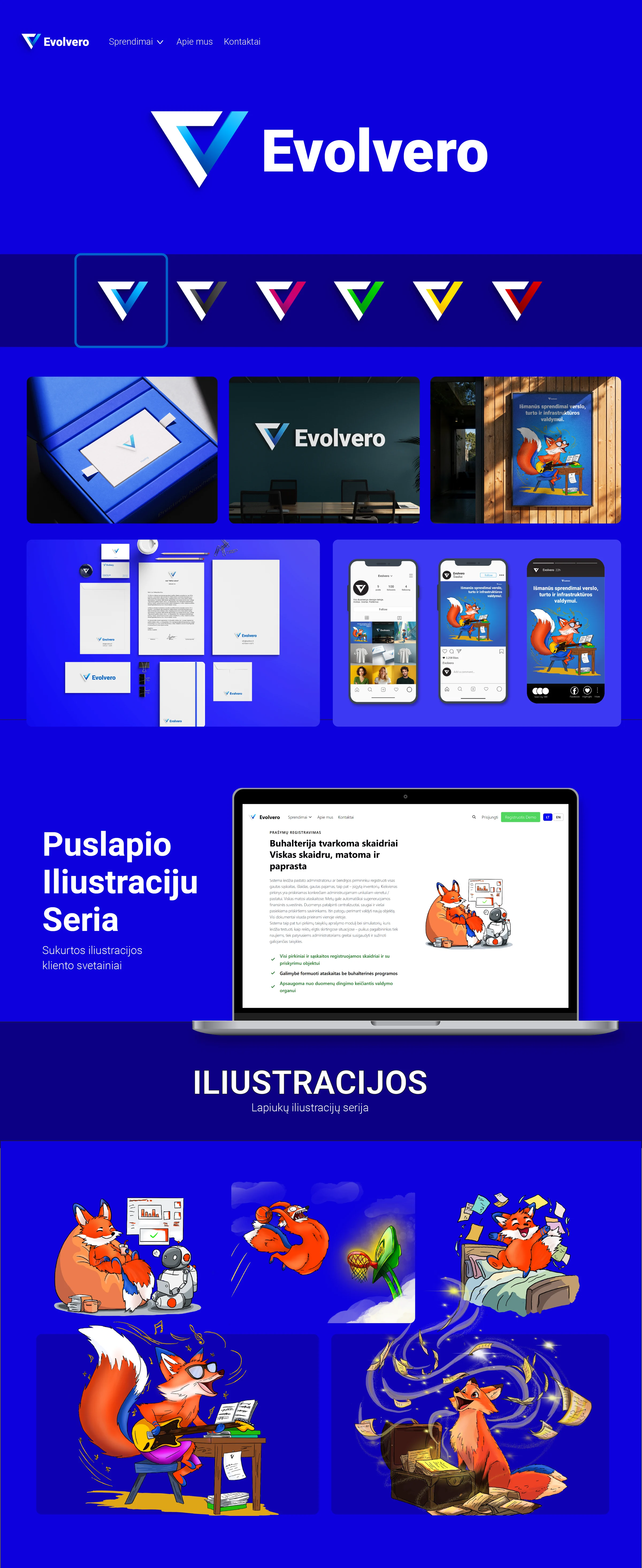 Evolvero prekės ženklo ir iliustracijų projekto aprašas – logotipas, firminis stilius ir lapių iliustracijų serija
